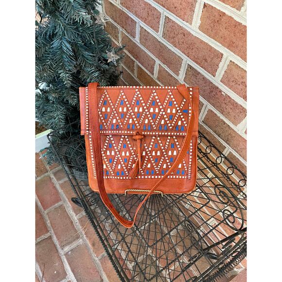 Tuareg Camel Skin Leather Handbag Handcrafted Morocco Boho Fringe Tassel - Picture 3 of 11